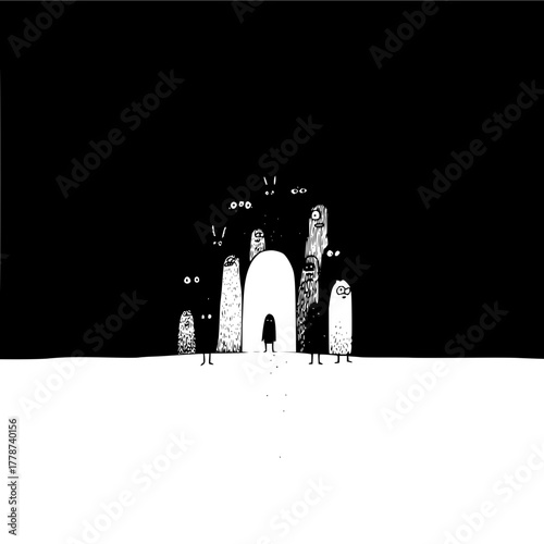 Black and white illustration of mysterious figures in dark scene art drawing vector graphic design print 100