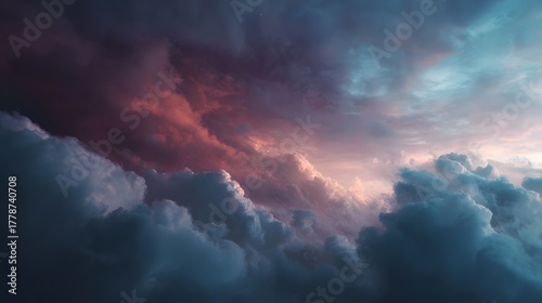 Ethereal dynamic clouds painted with intense shades of pink orange and purple during sunset or sunrise