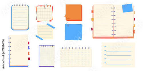 Sticky stickers reminders, notebook clippings, stationery, planner, Notes sheet, pages. bulletin paper, lined list set, notebook office or school blank notebook for homework and exercises. 