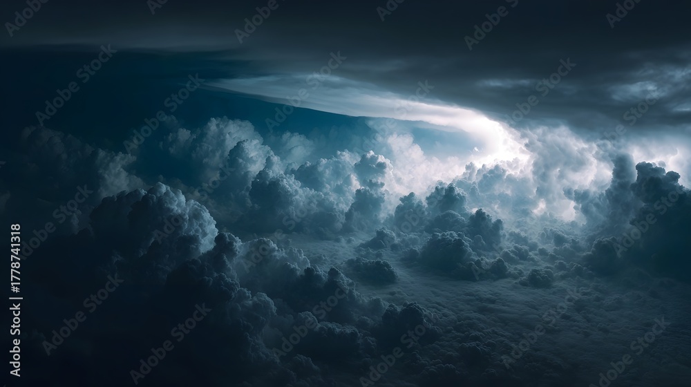 Fototapeta premium Dramatic storm clouds illuminated by distant lightning in a dark turbulent sky