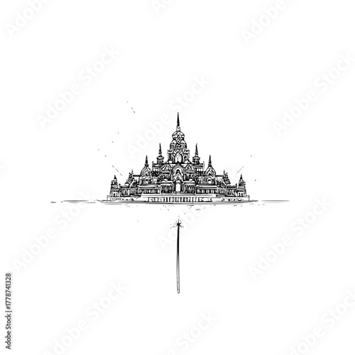 Detailed sketch of fantasy temple illustration with magic wand and intricate architecture design art