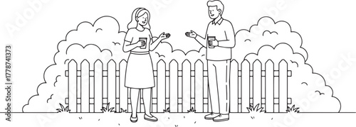 Friendly Neighbors Conversation Over Garden Picket Fence Line Art