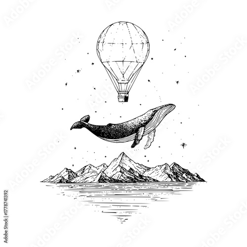 Whale flying over mountains with hot air balloon digital art travel adventure dreamy scene black and white drawing