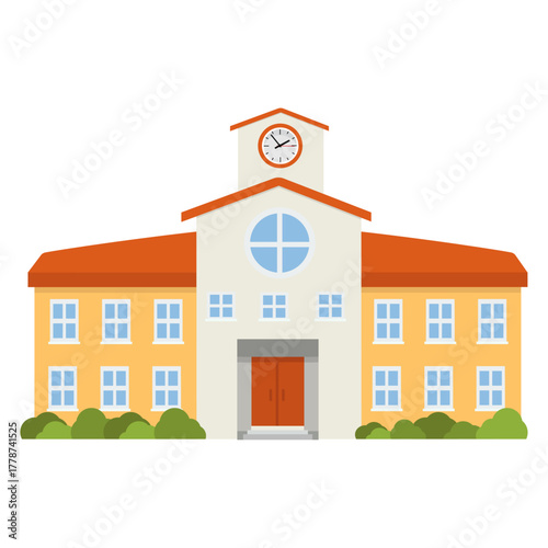 Illustration of a School Building with Clocktower