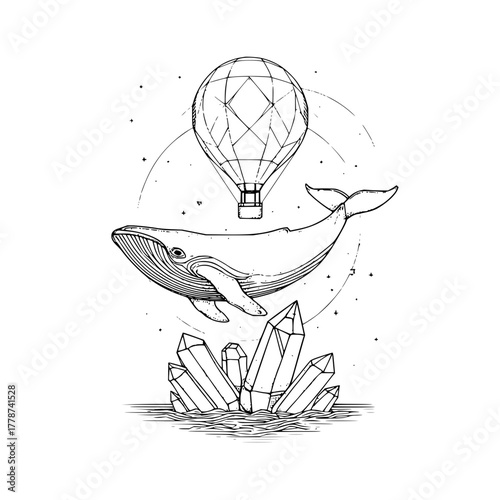 Whale hot air balloon crystals mystical line art drawing for tattoo design and wall art print decor idea