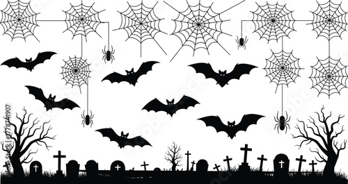 Halloween graveyard silhouette, spooky bats, spider webs, haunted trees, creepy tombstones, eerie night scene, horror background, scary vector, black and white illustration