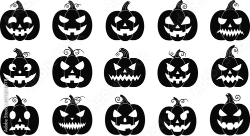 Halloween pumpkin faces, spooky jack o lantern silhouettes, scary carved pumpkins collection, black vector icons for Halloween decoration and party design