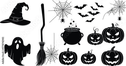 Halloween silhouette collection, spooky icons, witch hat, broomstick, spider webs, bubbling cauldron, flying bats, ghost figure, jack-o'-lantern faces, black vector illustration