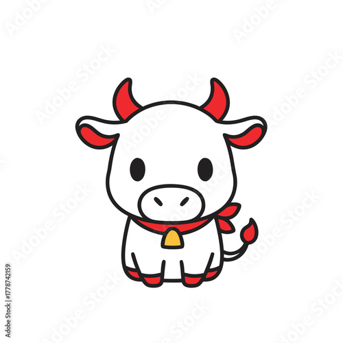 Cute Chibi Ox or Cow Sitting with Red Scarf and Bell Icon