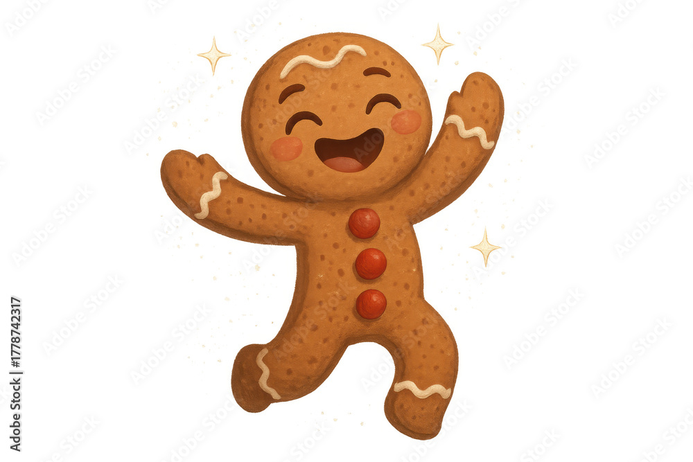 Obraz premium Gingerbread man cartoon character dancing with joy, celebrating festive seasons and holidays, transparent background