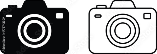 Black and white icons of a camera and a camera with concentric circles symbol