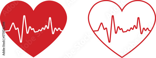 Two red hearts with white electrocardiogram lines inside heartbeat