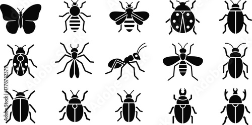 Insect silhouette grid, butterflies, beetles, ants, bees, dragonflies, black vector icons, nature design elements, entomology illustration set, bug collection