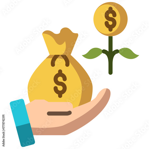 Flat Style Investment Icon with Hand Holding Money Bag and Growing Dollar Plant for Profit and Wealth Growth