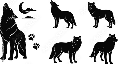 Wolf silhouette illustration, howling wolf, crescent moon, paw prints, standing wolves, black vector design, wild animal art, nature themed graphic