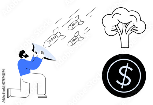 Man using shield deflects incoming DDoS-marked missiles, representing cybersecurity protection. Nearby tree symbolizes growth, stability, dollar symbol conveys financial security. Ideal