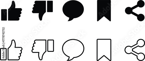 Black and white social media icons thumbs up down chat bookmark share social networking communication