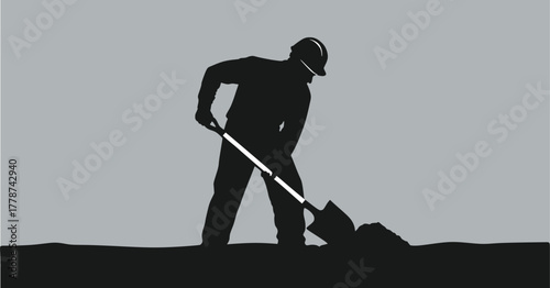 Construction Worker Silhouette Man Digging with Shovel