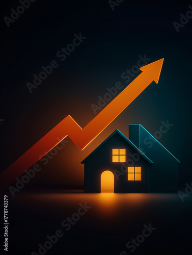 Property value growth: A conceptual illustration, capturing the essence of the housing market's upward trajectory, showing a house silhouette set against a rising arrow.