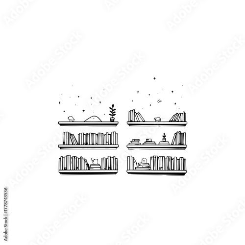 Bookshelf illustration with books plant and decor for home library study room and reading nook design idea