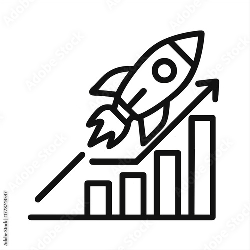Line art icon of rocket launching over rising bar chart, business growth and startup success concept
