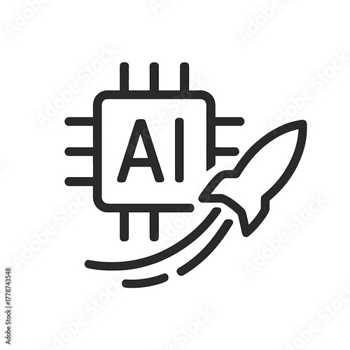 Line art icon of AI chip with rocket launch symbol, artificial intelligence innovation and technology growth concept