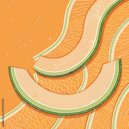 Abstract Cantaloupe Melon Texture Pattern with Wavy Orange and Green Lines - Food Background