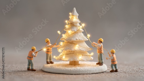 Tiny Workers Preparing a Holiday Tree with Sparkling Gold Lights for Festive Celebration, Capturing Joy and Teamwork in a Delightful Scene