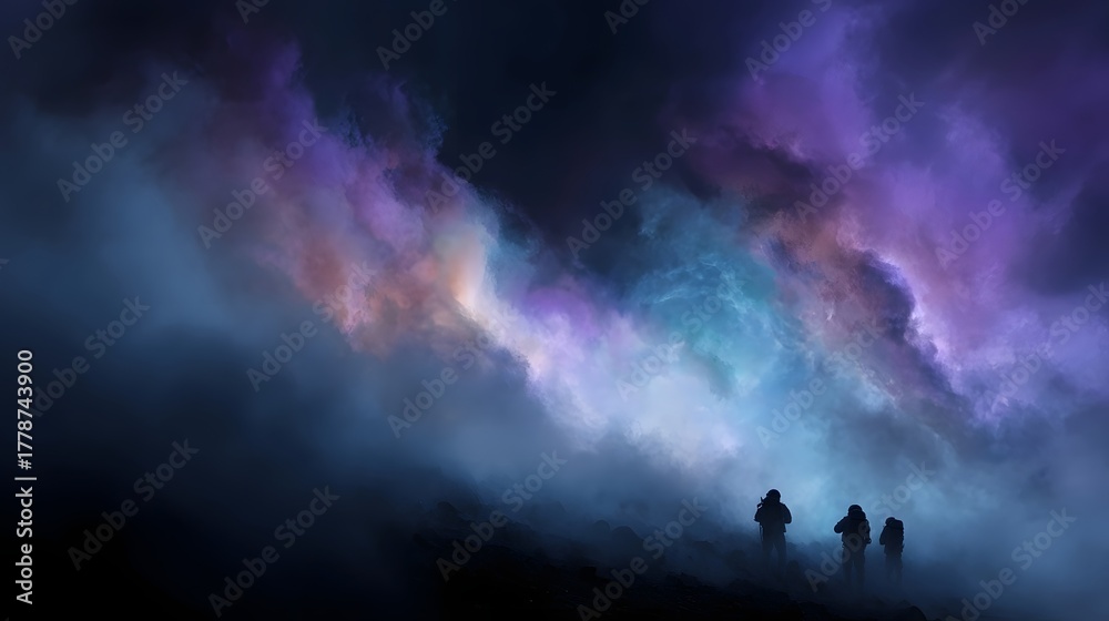 Fototapeta premium Silhouetted figures gaze at a vibrant colorful cosmic cloud formation in the dark misty night sky