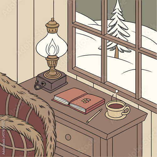 Cozy winter scene with a lamp, book, and hot drink by the window