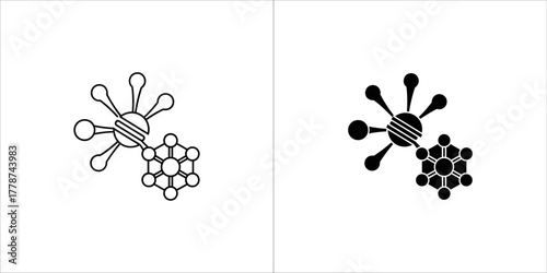 Outline and solid icon of a molecule and hexagon structure