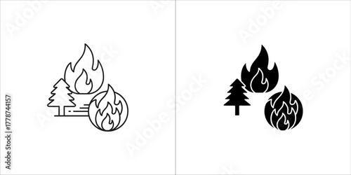 Forest fire icon with flame and tree