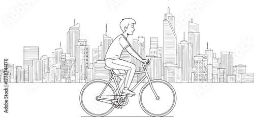 Young Man Cycling in City Skyline Line Art Illustration