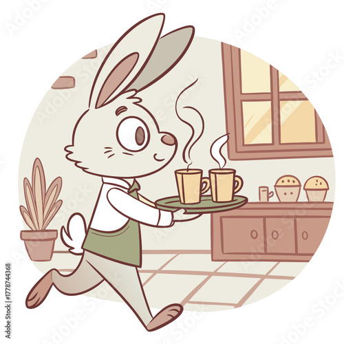 Rabbit waiter carrying coffee cups on a tray in a cozy cafe setting