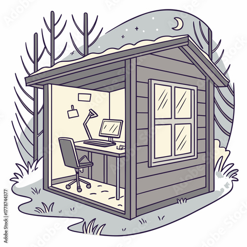 Office shed in the woods at night