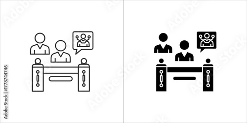 People at a reception desk with speech bubbles