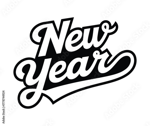 New Year Script Typography: Retro Black and White Celebration Word Art Vector.