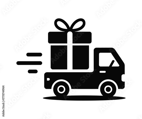 Express Gift Delivery Truck Silhouette: Fast Shipping, Logistics, and Present Icon.