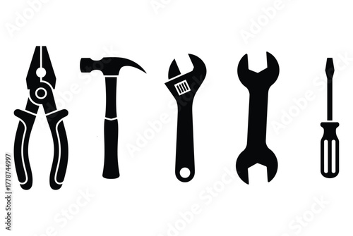 Worker Hand Tool Silhouettes: Pliers, Hammer, Wrench, and Screwdriver Set.