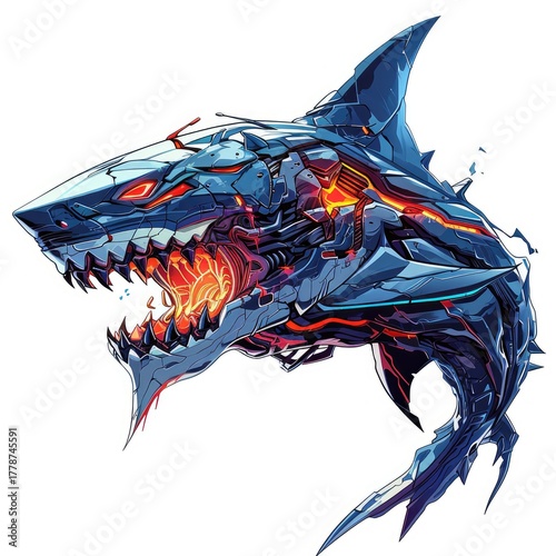 Robotic shark with glowing red eyes and aggressive posture on white background