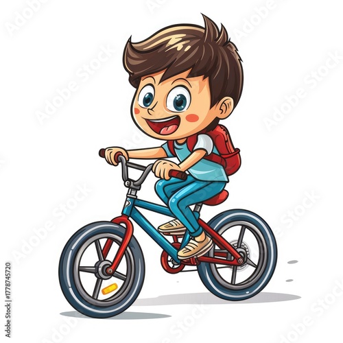 Boy rides a blue bicycle while carrying a red backpack.