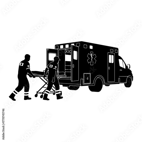 Ambulance crew loading stretcher medical emergency