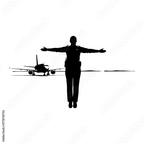Airplane marshaller guiding aircraft on tarmac airport
