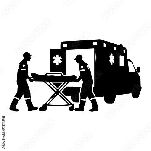 Ambulance crew transporting patient on stretcher medical