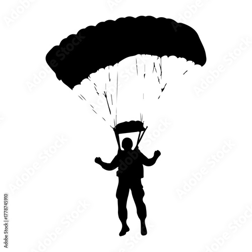 Black silhouette of skydiver descending parachute falling