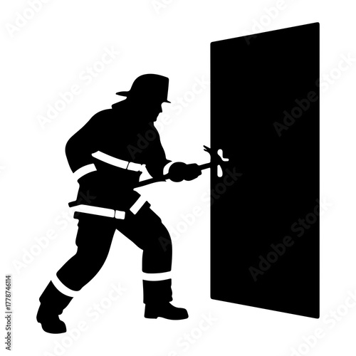 Firefighter breaching door with axe silhouette breaking