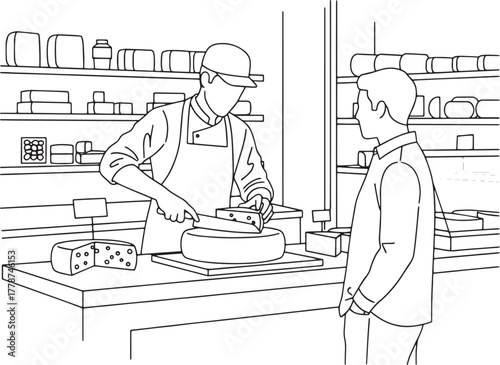 Cheesemonger Cutting Cheese for Customer at Deli Counter Line Art Illustration
