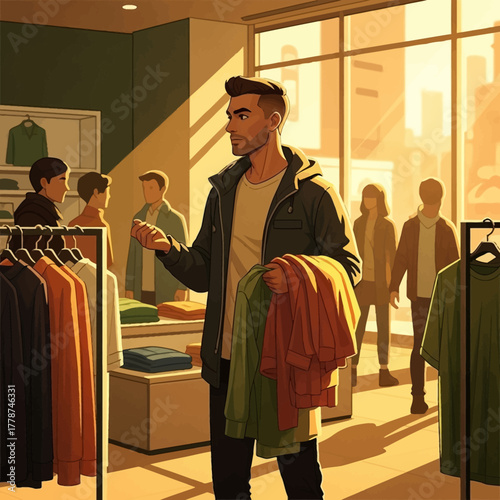 Man shopping for clothes in a store, choosing apparel.