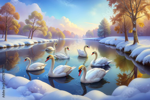 Seven swans a-swimming. Seventh day of the 12 days of Christmas. Watercolor style.