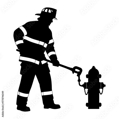 Firefighter operating hydrant with wrench silhouette